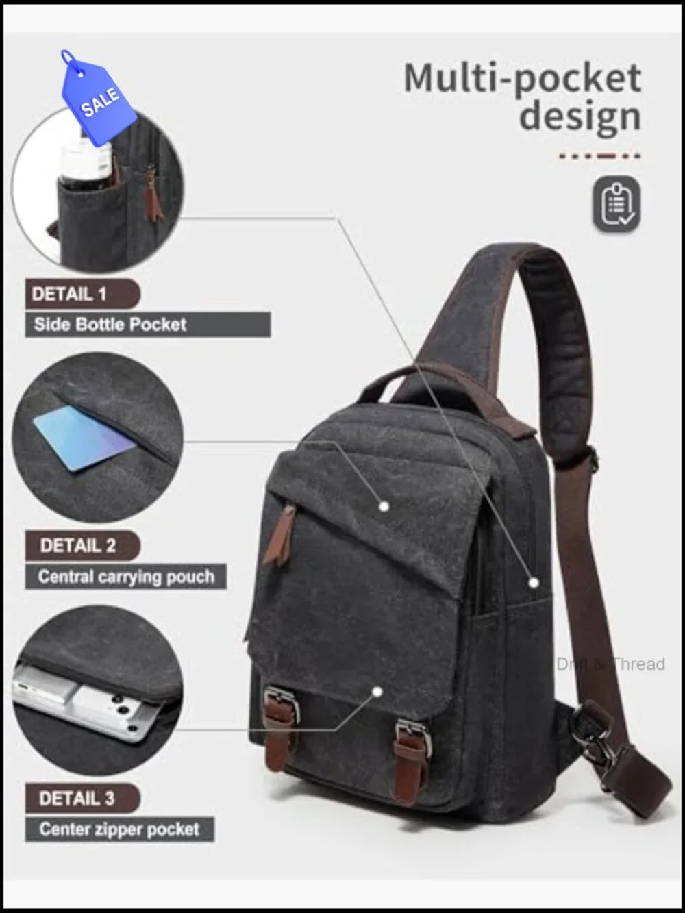 Canvas Sling Crossbody Backpack Messenger Bag 11 Pockets